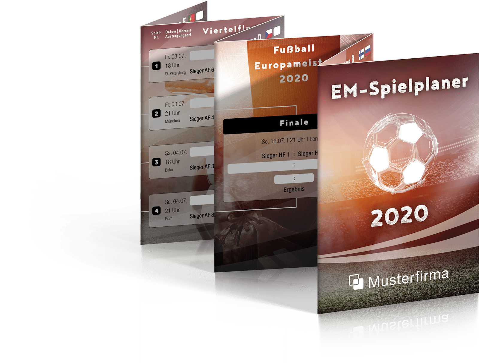 Abbildung des Fußball EM-Spielplaners 2020 als Faltplaner in unserem bunten Design.