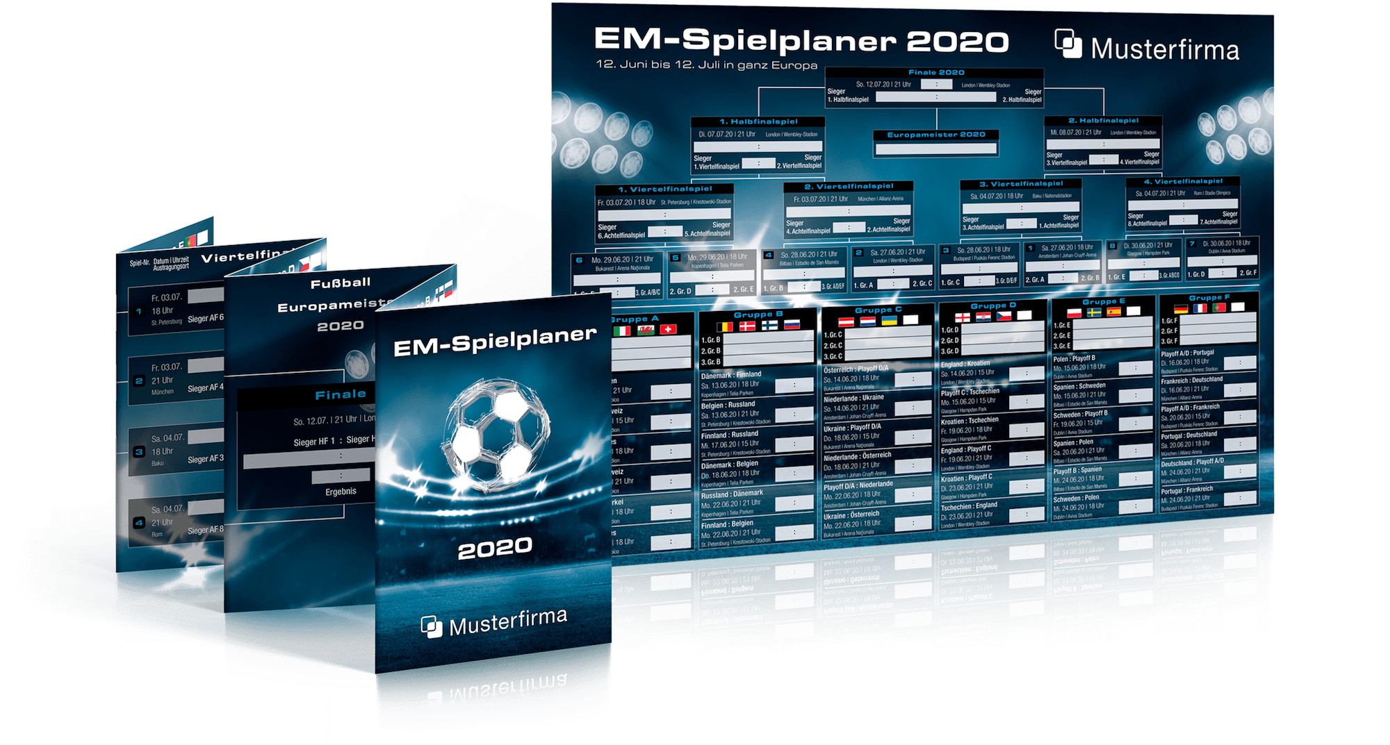 Abbildung des Fußball EM-Faltplaner und Fußball EM-Wandplaner in unserem dunklen Design.