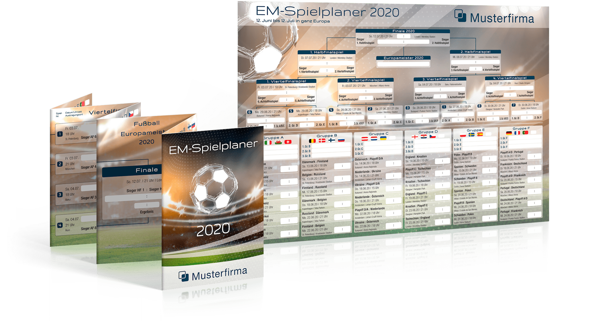 Abbildung des Fußball EM-Faltplaner und Fußball EM-Wandplaner in unserem hellen Design.